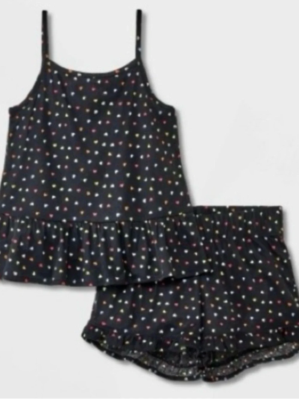Girls' 2pc 'Ditsy Rainbow Hearts' Pointelle Ruffle Tank Pajama Set Art Class M